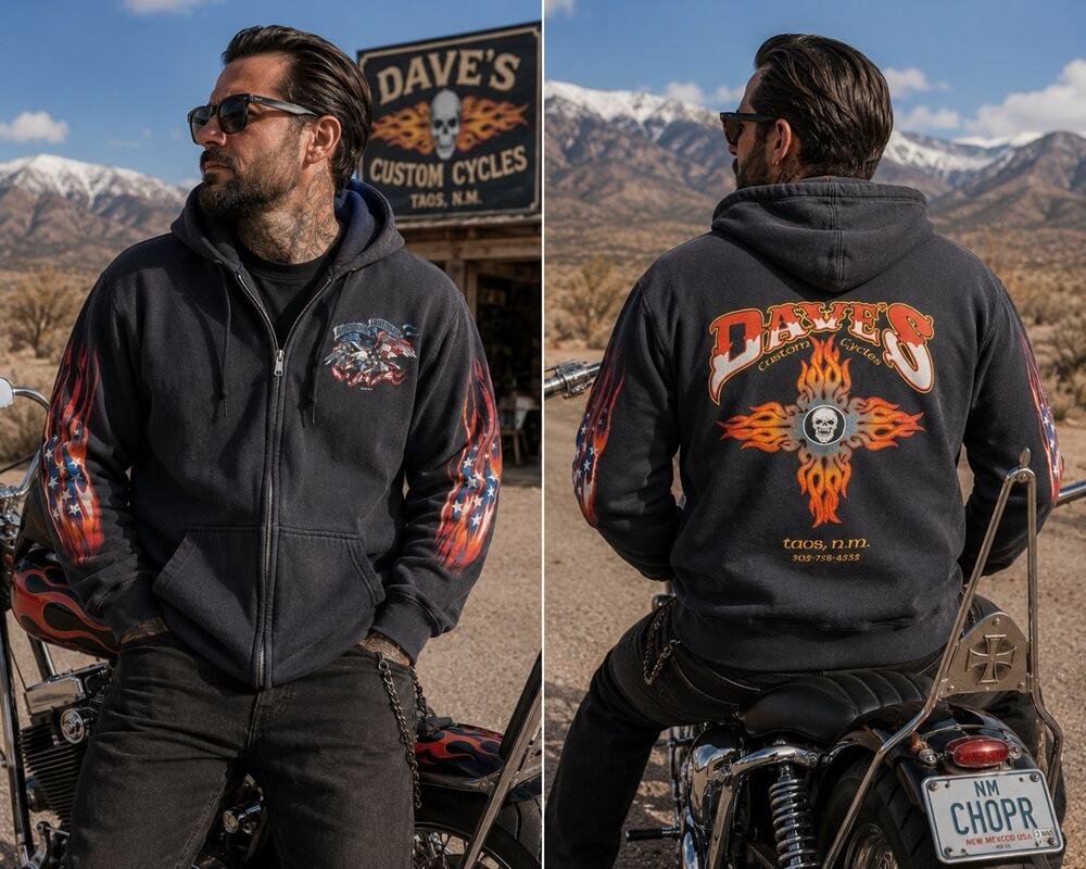 Vintage Dave’s Custom Cycles Hoodie XL Taos NM Biker Chopper Full Zip